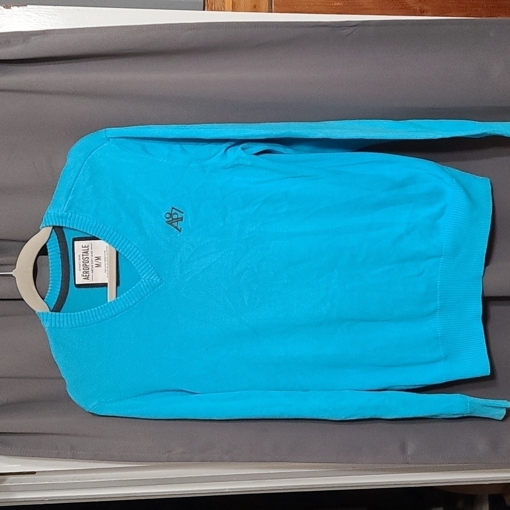 Aeropostale Men's‎ Sweater V-neck Aqua/Gray Embroidered Logo Size M EUC